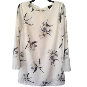 Dee Elly Small Ivory Floral Mini Dress Long Bell Sleeves Tie at Back Collar